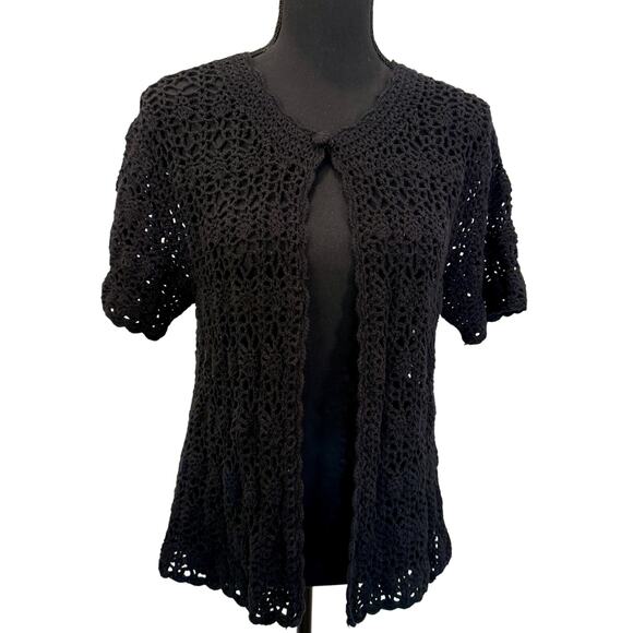 Vintage Southern Lady Crochet Cardigan Women’s Large Black Scalloped Detail - Picture 2 of 10